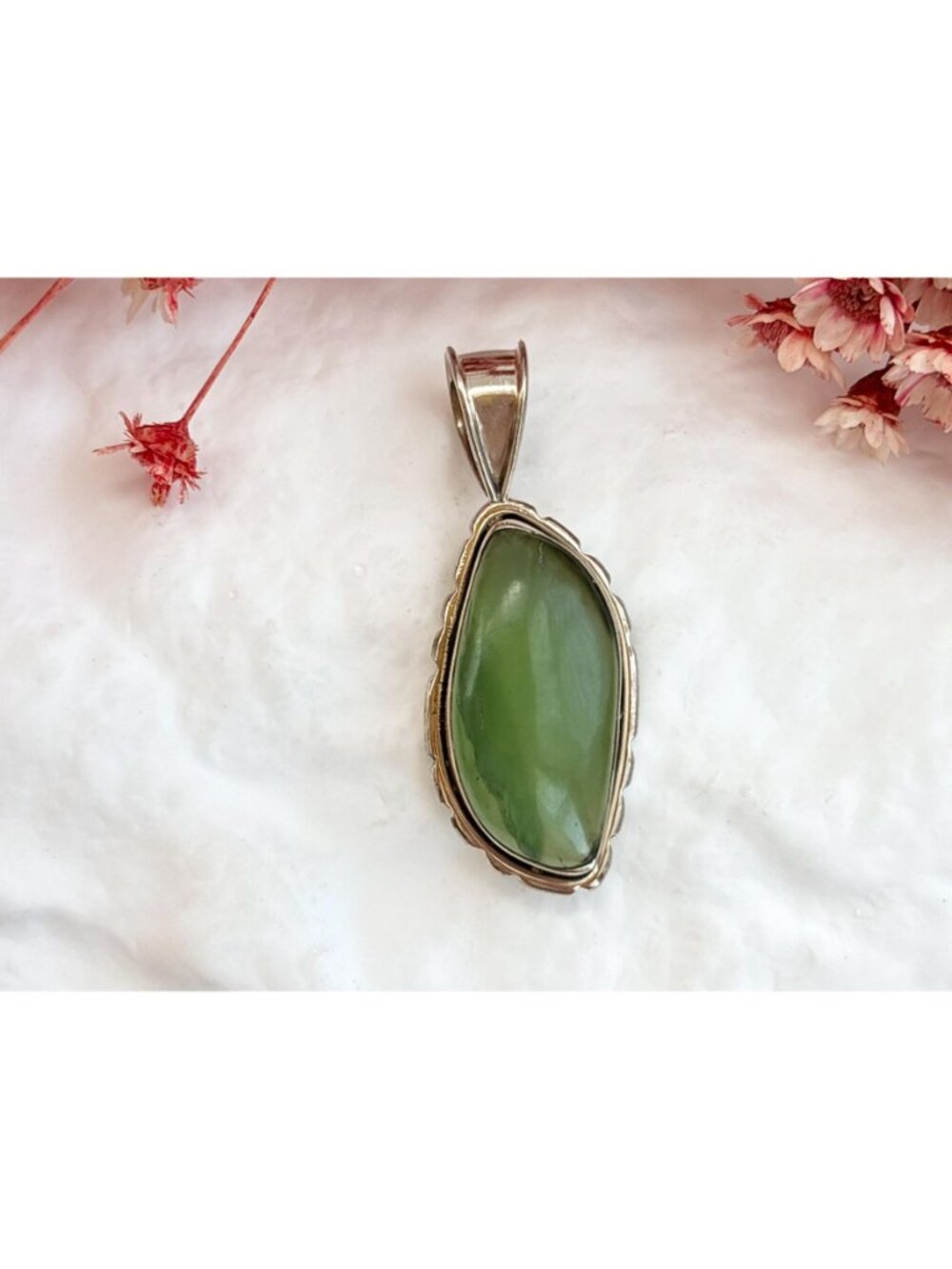 Natural Green Nephrite Gemstone Jumbo Sterling Silver Vintage 925 Pendant - Picture 10 of 11